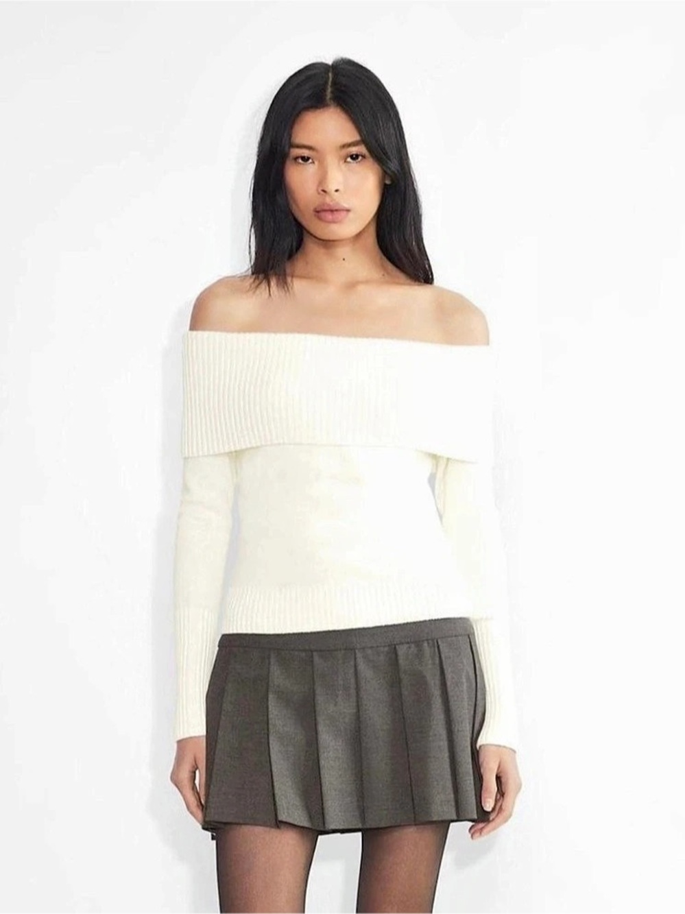 Foldover Off-the-Shoulder Sweater Cream